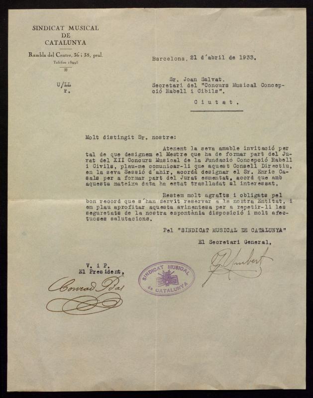 Carta del Sindicat Musical de Catalunya.