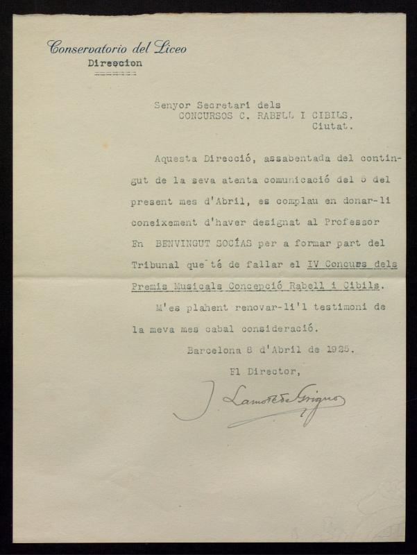 Carta del Conservatori del Liceu