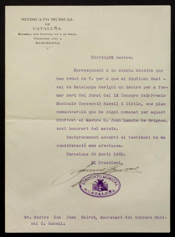 Carta del Sindicat Musical de Catalunya