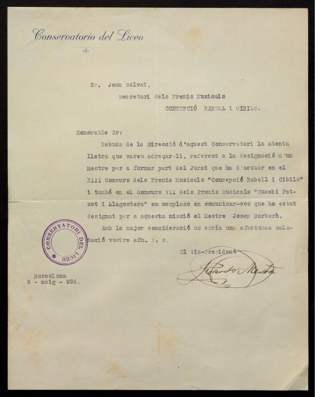 Carta del Conservatori del Liceu