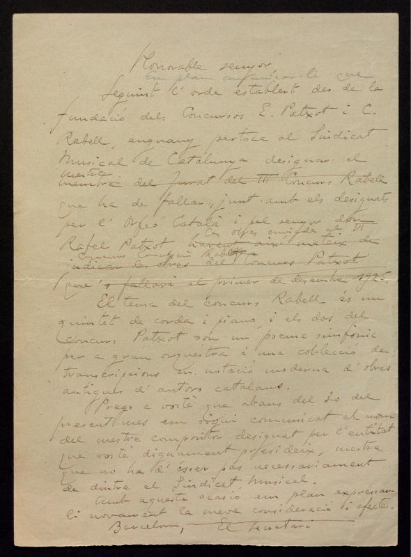 Esborrany d’una carta adreçada al Sindicat Musical de Catalunya