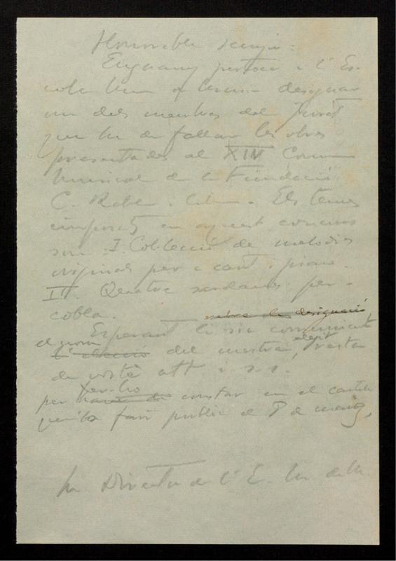 Esborrany d’una carta adreçada a l’Escola Municipal de Música