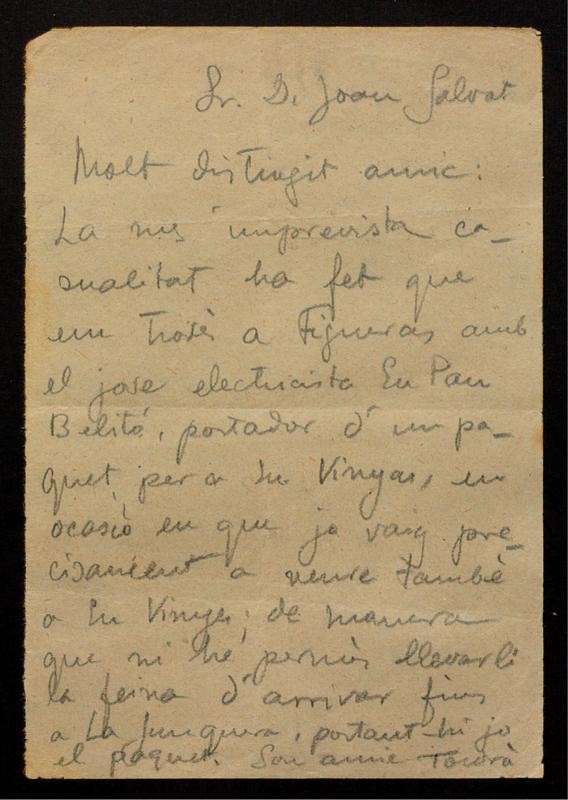 Carta de Eduard Toldrà adreçada a en Joan Salvat