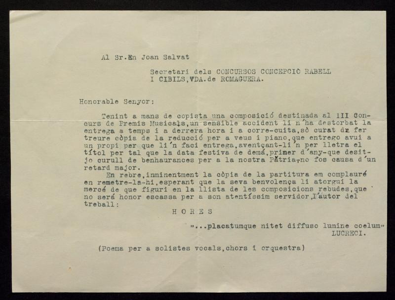 Carta d’un compositor anònim adreçada a en Joan Salvat