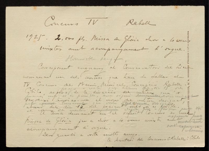 Esborrany d’una carta adreçada al Conservatori del Liceu