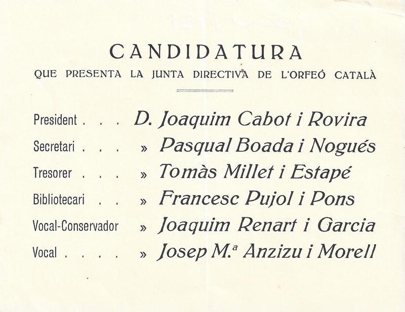 Candidatura que presenta la Junta Directiva de l’Orfeó Català l’any 1931