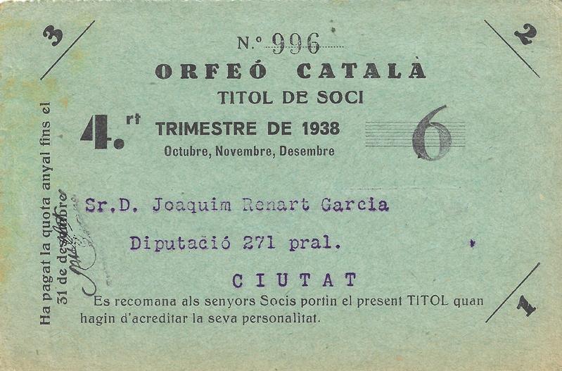 Títol de soci de Joaquim Renart de l’Orfeó Català