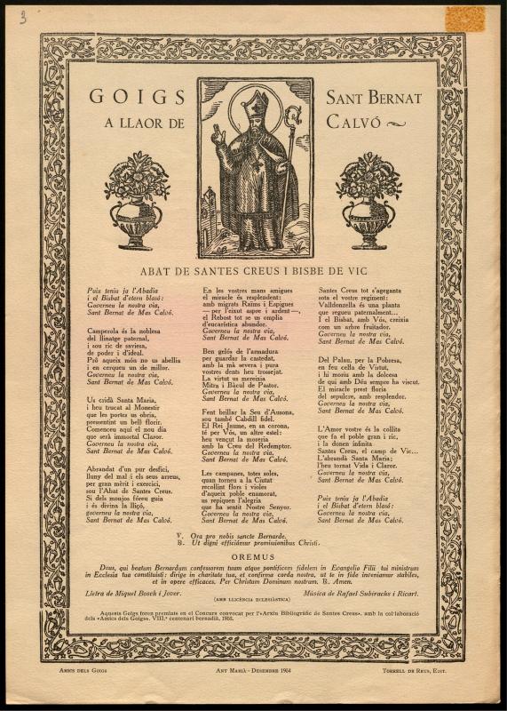 Goigs a Llaor de Sant Bernat Calvó. Op. 93